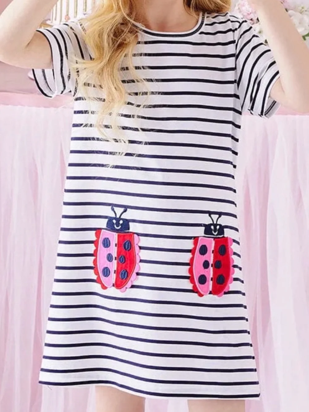 Girls Striped Pocket Casual Dress with Pink Ladybug Pockets
